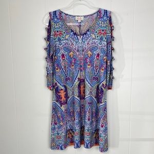 IVY LANE ABSTRACT DRESS RING SLEEVES WOMENS V NECK SZ PS